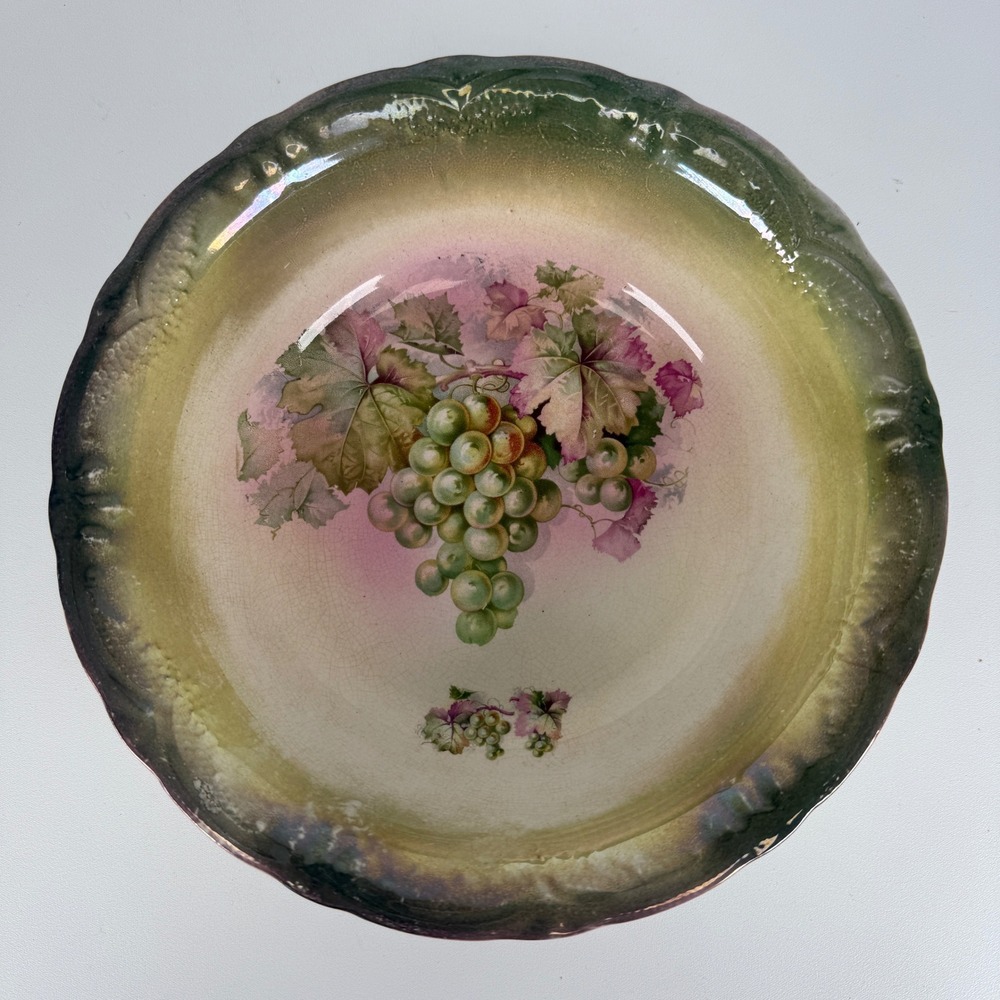 Franz Ant Mehlem Royal Bonn Germany Grape Motif Luster Scalloped Bowl 9.75in